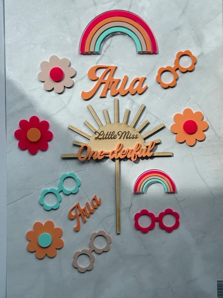Retro rainbow and flower set with the name Aria and a Little Miss One-derful topper