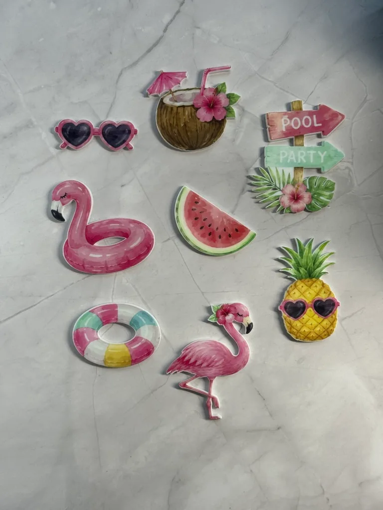 Pool party set with flamingo rings, watermelon, pineapple and a Pool Party sign