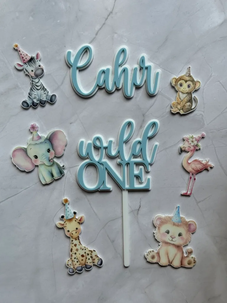 Pale blue Cahir and Wild One toppers with printed party animals