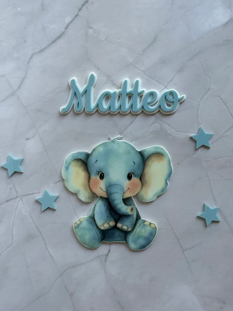 Blue layered Matteo name plaque with a printed elephant and stars