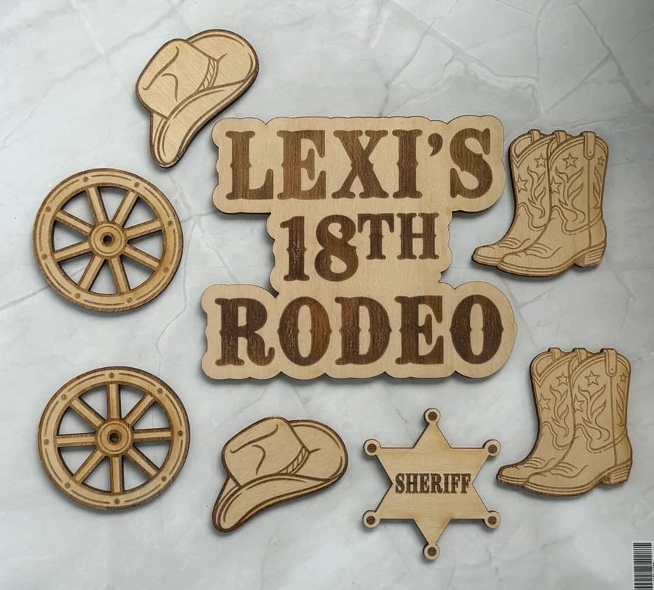 Engraved wooden Lexi's 18th Rodeo set with boots, hats and wagon wheels
