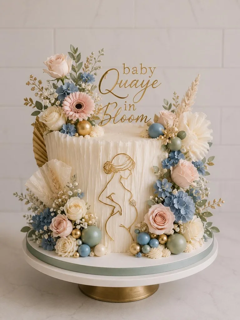 Gold mirror 'Baby Quaye in Bloom' topper on a cream textured baby shower cake